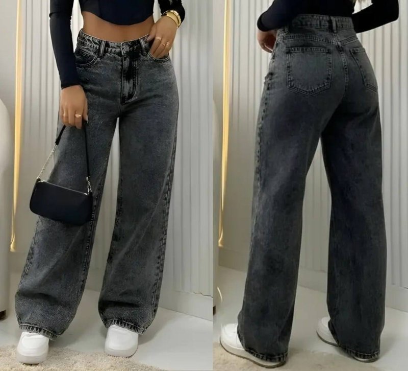 Calça Jeans Wide Leg Feminina Cintura Alta Pantalona Preto Black Marmo Liso 40
