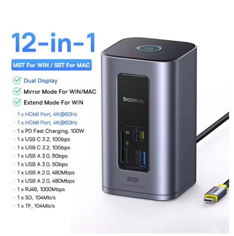 Baseus Dockstation USB-C 12 em 1 - 2 HDMI 4K - Ethernet - Cinza