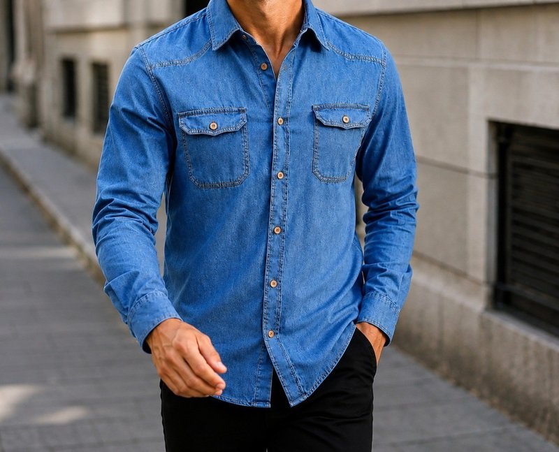 Camisa Jeans Masculina Social Slim Manga Longa