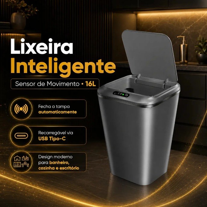 Lixeira Inteligente Automática Cinza Universal Com Sensor Hearbuds Recarregável Anti Odor 16L