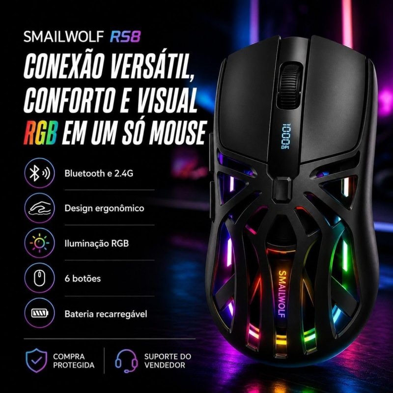 Mouse Gamer Sem Fio RS8 RGB Bluetooth 2.4G Recarregável 10000 DPI Design