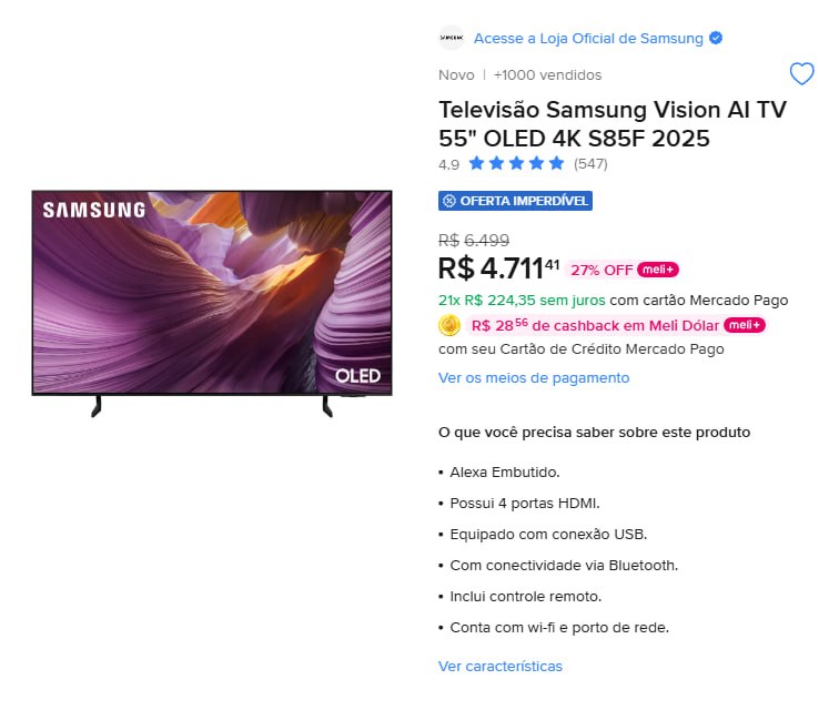 Televisão Samsung Vision AI TV 55" OLED 4K S85F 2025