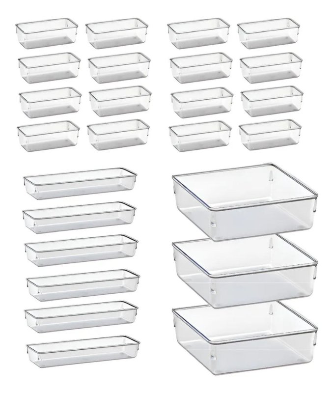 Kit 25 Organizador Multiuso Modular Gaveta Acrilico Rebirth Cristal