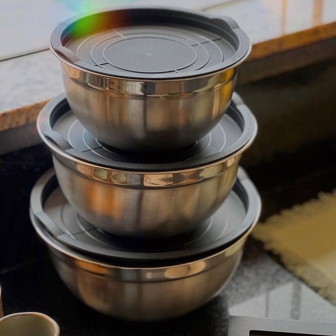 Conjunto 3 Bowls de Inox com Tampas Plásticas Vittak + Frete Grátis