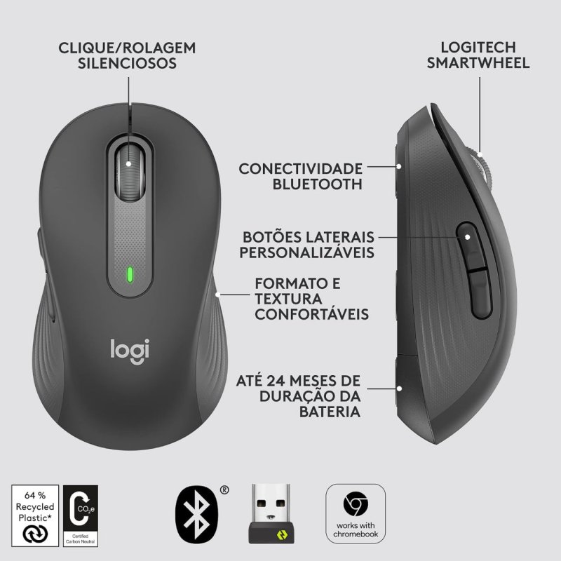 Logitech Signature M650 - Mouse Sem Fio - Clique Silencioso - Grafite