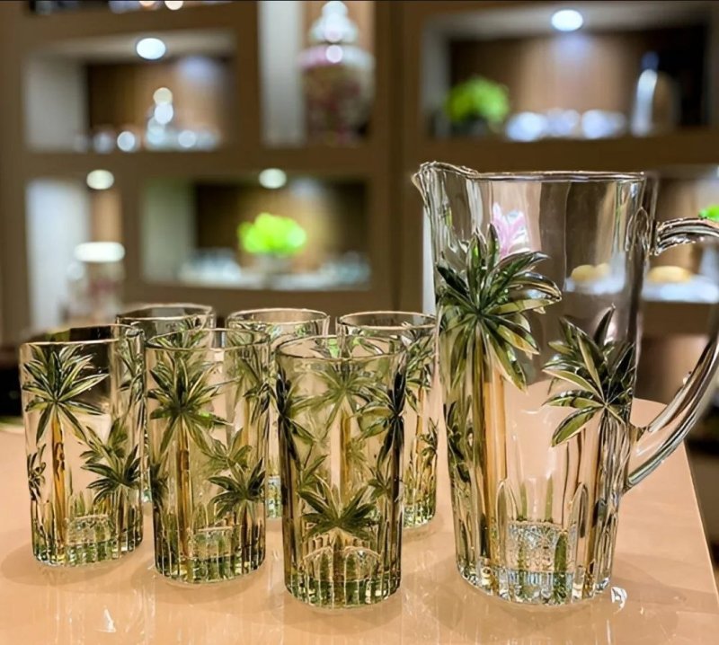 WOLFF - Conjunto Jarra com 6 Copos de Cristal Palm Tree Handpaint
