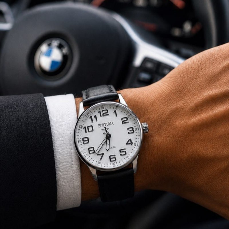 Relógio De Pulso Masculino Fortuna Old Money Minimalista Preto Cx Prata Branco