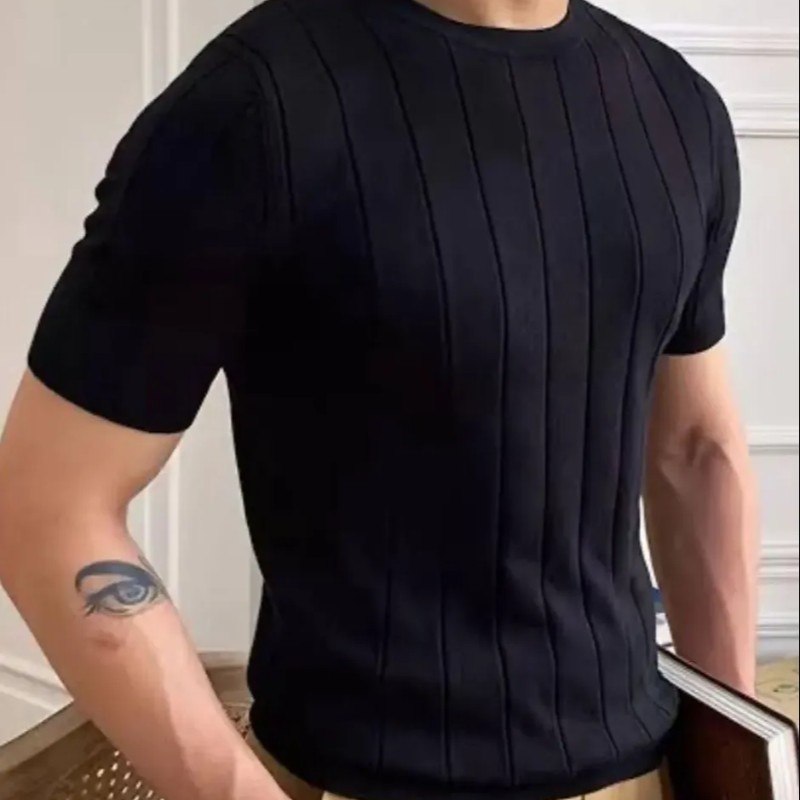 Camiseta Masculina Básica Canelada Manga Curta Tricot Modal