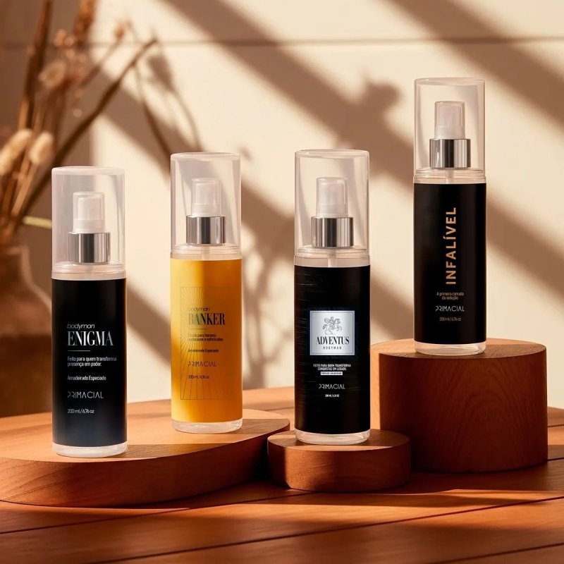 KIT BODY SPLASH MASCULINO INFALIVEL + ENIGMA + BANKER + ADVENTUS 200ML - PRIMACIAL PERFUME AMADEIRADO