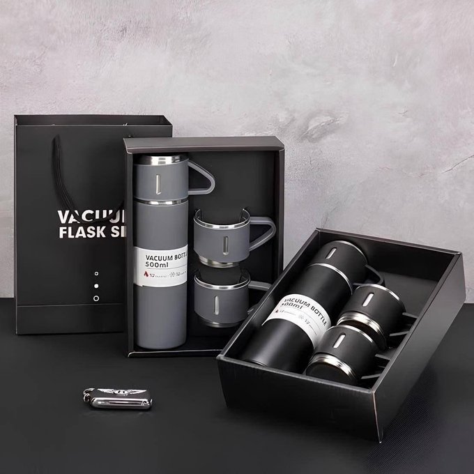 Kit com Garrafa Térmica Vacuum Bottle Inox 500ml + 3 Xícaras + Frete Grátis