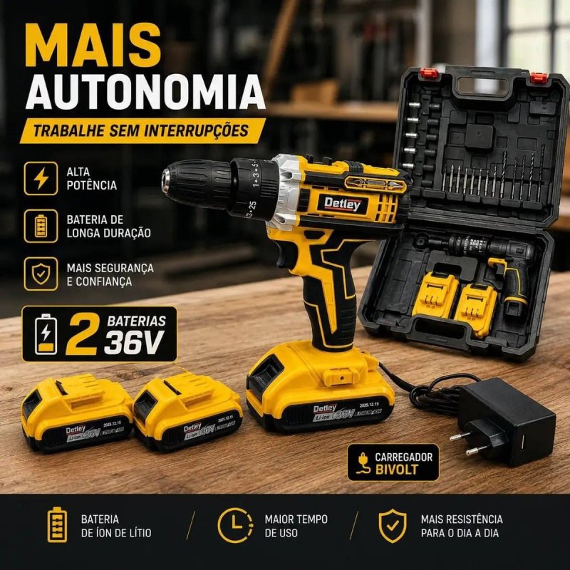 Parafusadeira Furadeira 36v S/ Fio Profissional + 2 Baterias + Frete Grátis