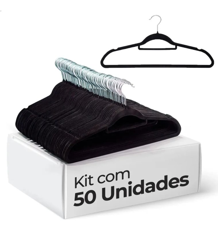 Kit com 50 Cabides de Veludo Antideslizantes Vittak – Preto