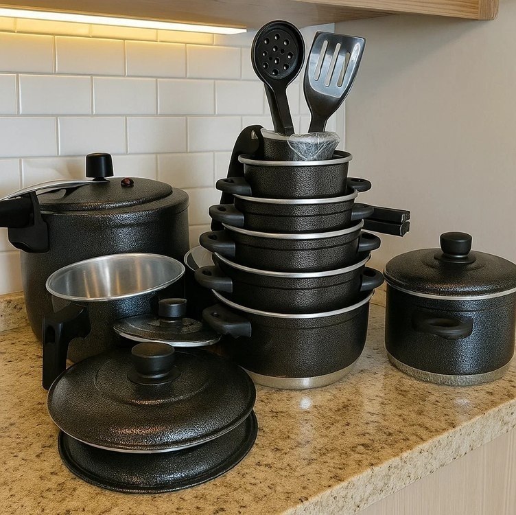 Jogo de Panelas Extra Forte Luxo 12 Peças com Panela de Pressão e Frigideira Antiaderente Preto Craqueado + Frete Grátis