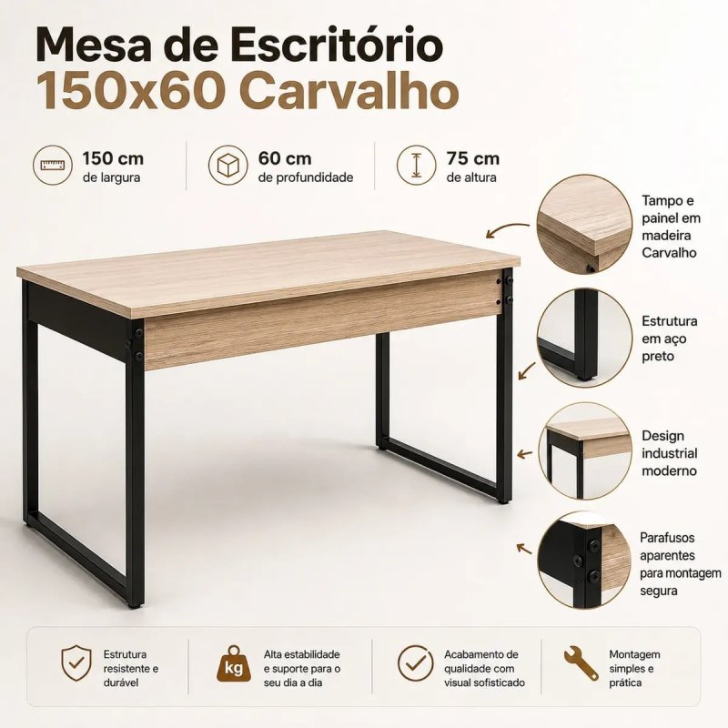 Mesa 150cm Industrial Madeira Para Escritório E Estudos