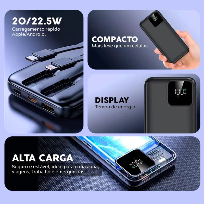 Carregador Portátil Power Bank Turbo 20000mAh 20W com Display Digital DTimp