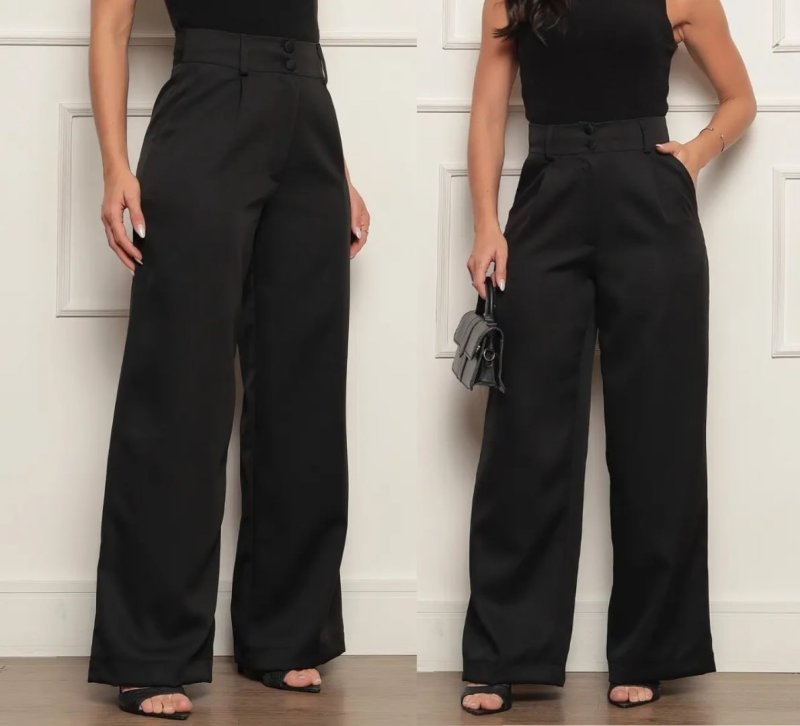 Calça Alfaiataria Feminina Wide Leg Social Cintura Alta