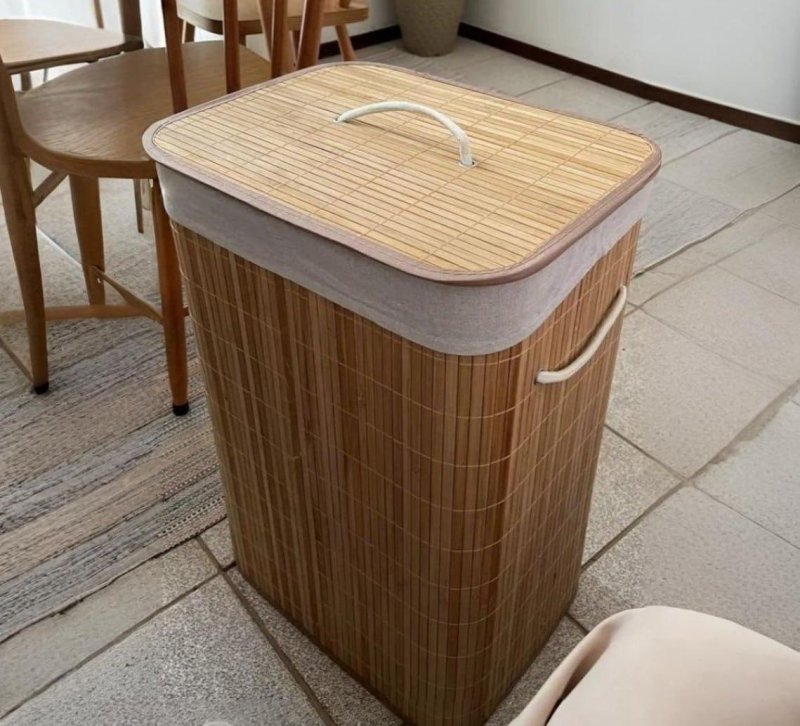 Cesto de Roupa Suja de Bambu com Tampa e Alças 50L