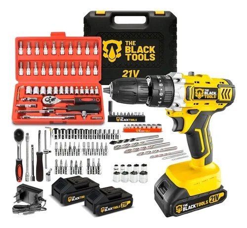 Furadeira Parafusadeira De Impacto 2 Baterias 21v + 46 Peças Amarelo 110v/220v 60hz