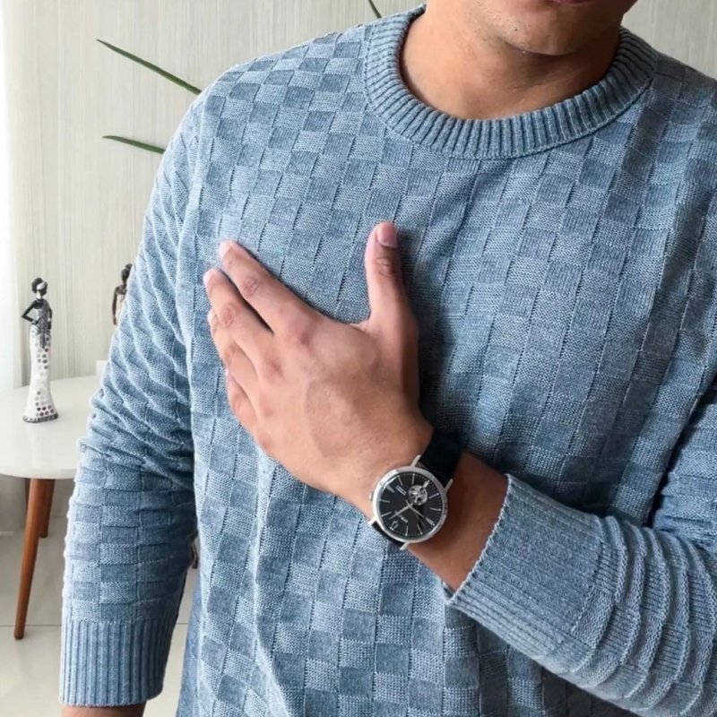 Suéter Masculino Lã Tricot Manga Longa Xadrez Blusa De Frio