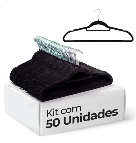 Kit 50 Cabides Veludo De Roupa Antideslizante Slim Adulto Cor Preto