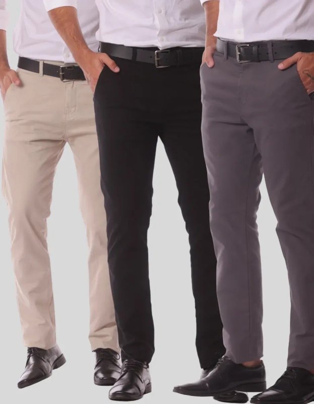 Kit 3 Calça Masculina Sarja Slim Alfaitaria Esporte Fino Preto-bege-chumbo 42