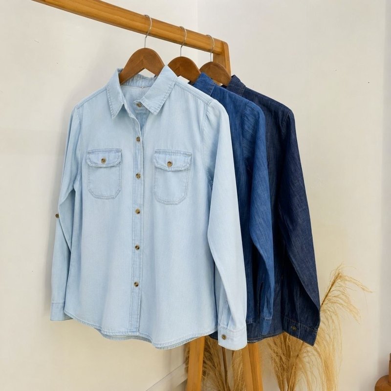 Camisa Jeans Masculina Social Slim Manga Longa