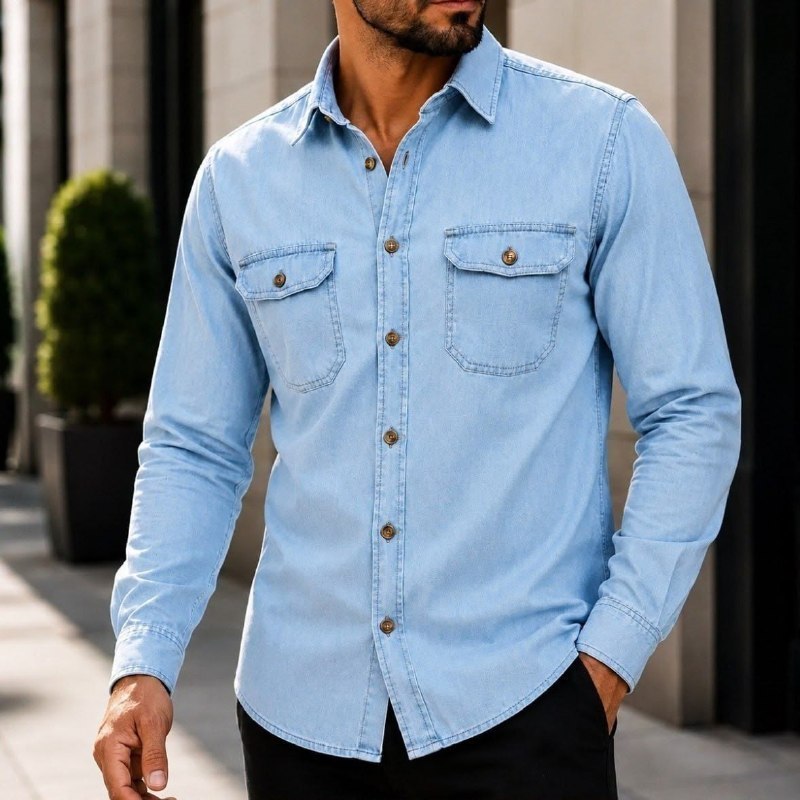 Camisa Jeans Masculina Social Slim Manga Longa Jeans Claro G