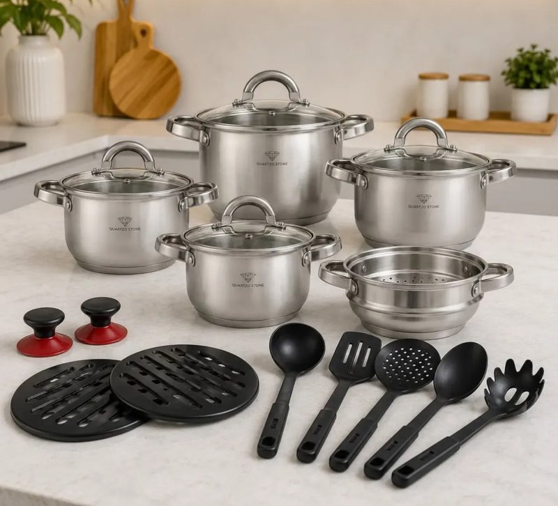 Jogo Panelas Inox 19 Peças Genebra Completo C/ Utensílios Prateado