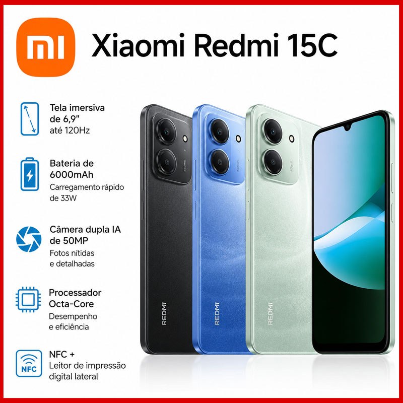 Câmera Xiaomi Redmi 15C preto 8GB+256GB RAM, 4GB+128GB RAM