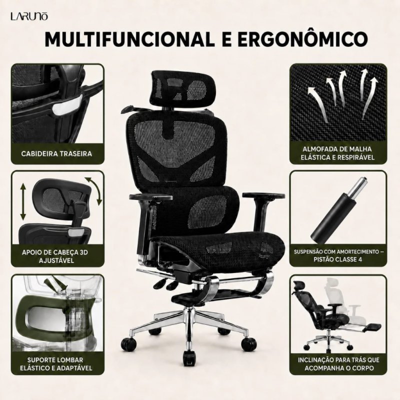 Cadeira de Escritório Ergonômica Reforçada Malha Respirável Ajustes Para Braços, Cabeça, Lombar e Apoio Pés