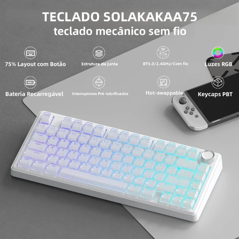 Teclado Gamer Sem Fio SOLAKAKA A75 com Botão Multifuncional