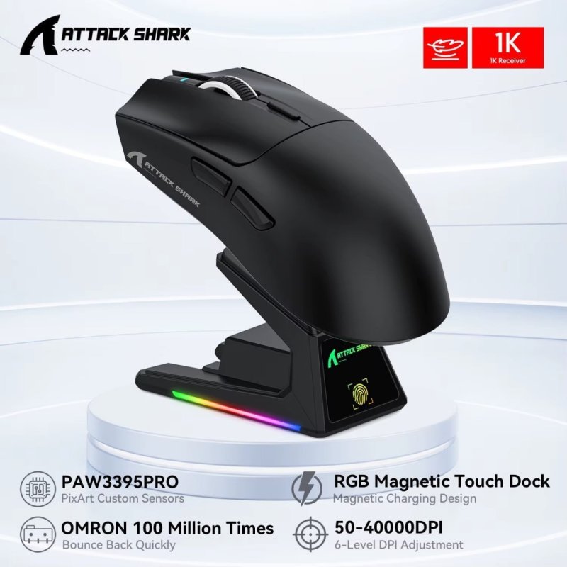 Mouse Attack Shark X1, touchpad RGB, base de carregamento, PAW3395PRO, 40000 DPI, ultraleve (53g), Bluetooth/2.4G/com fio