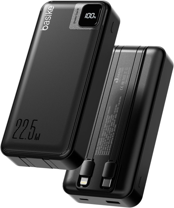 Basike Power Bank 20.000mAh – Carregamento Rápido 22,5W com 2 Cabos Integrados