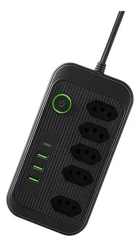 Extensão 5 Tomadas E 3 Usb 1 Pd Led Bivolt Power 110v/220v Preto 127/220v