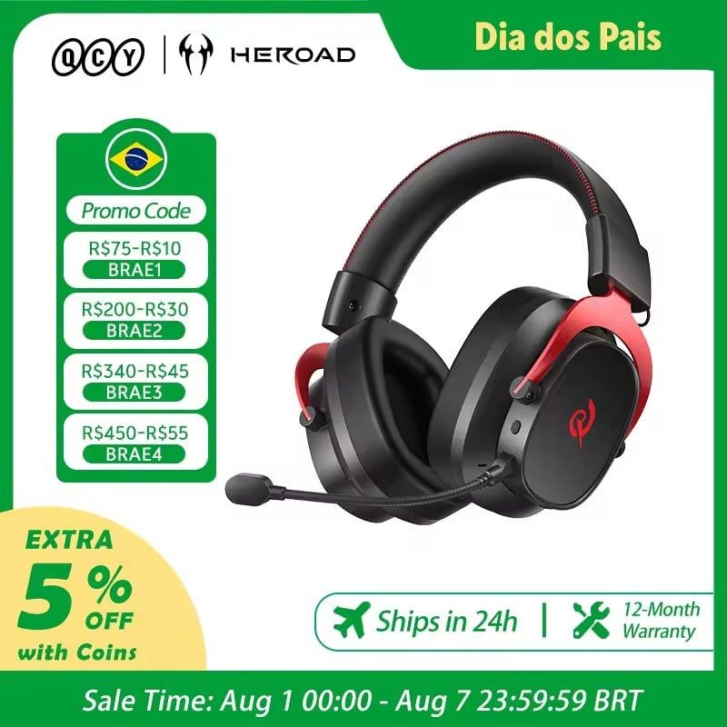 Headset Gamer QCY Heroad VT200 Sem Fio Bluetooth 6.0/2.4GHz/USB-C Som Surround 7.1 Driver 53mm Microfone Removível PC PS4 PS5