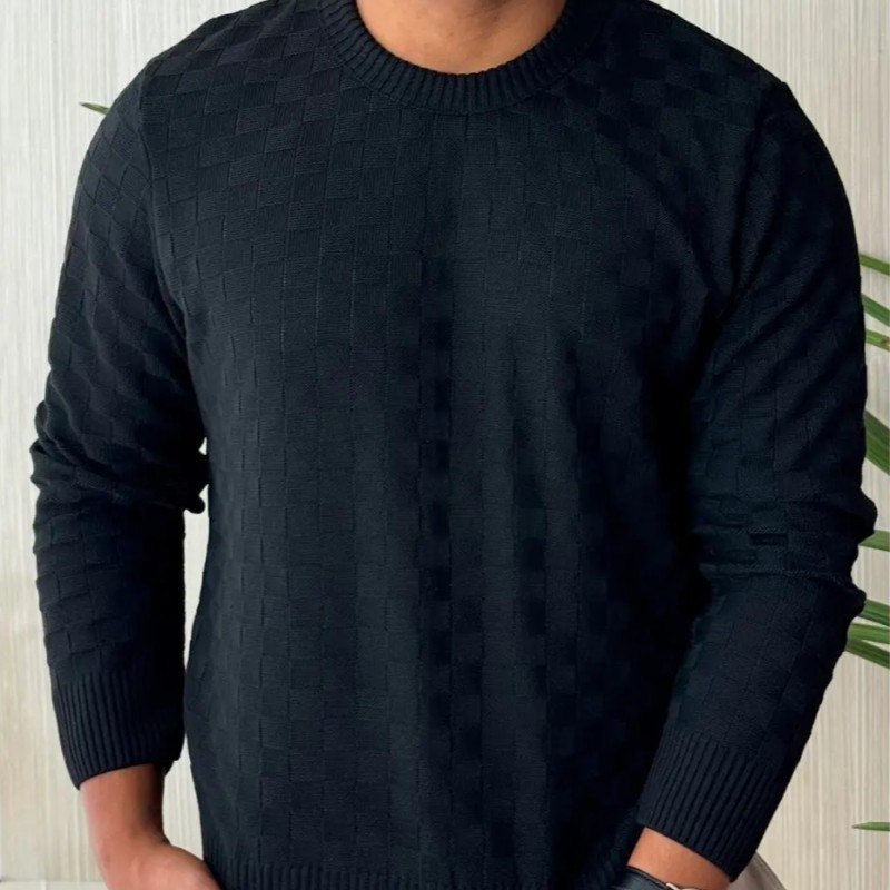 Suéter Masculino Lã Tricot Manga Longa Xadrez Blusa De Frio