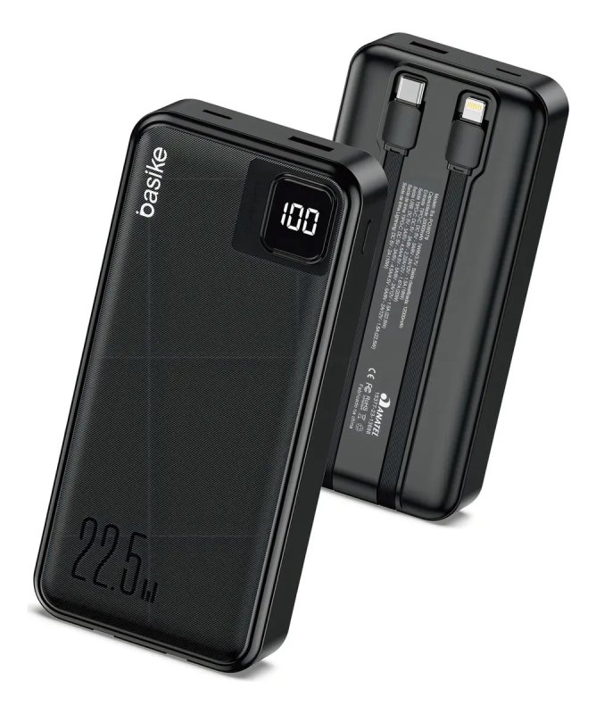 Power Bank Basike 20000mAh Preto, Carga Rápida 22.5W para iPhone e Samsung, Com Cabos Embutidos e Display