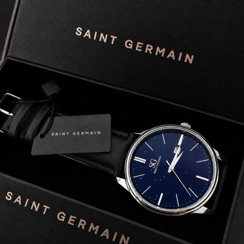 Relógio Masculino Preto Saint Germain Correia De Couro Preto Caixa Preta Fundo Azul Marinho 42mm Elegante Clássico