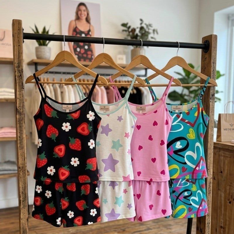 Kit 4 Conjuntos Femininos Baby Doll Pijama Short E Blusa