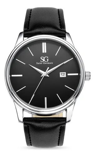 Relógio Masculino Chrowl Saint Germain Pulseira Couro Caixa Prateada Fundo Preto 42mm Clássico