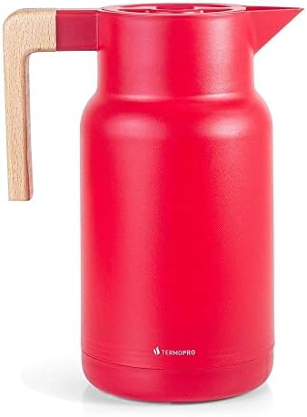TERMOPRO Garrafa Termica 1 Litro Vermelha Wood Fashion Bule para Cafe Cha Suco com Ampola de Vidro