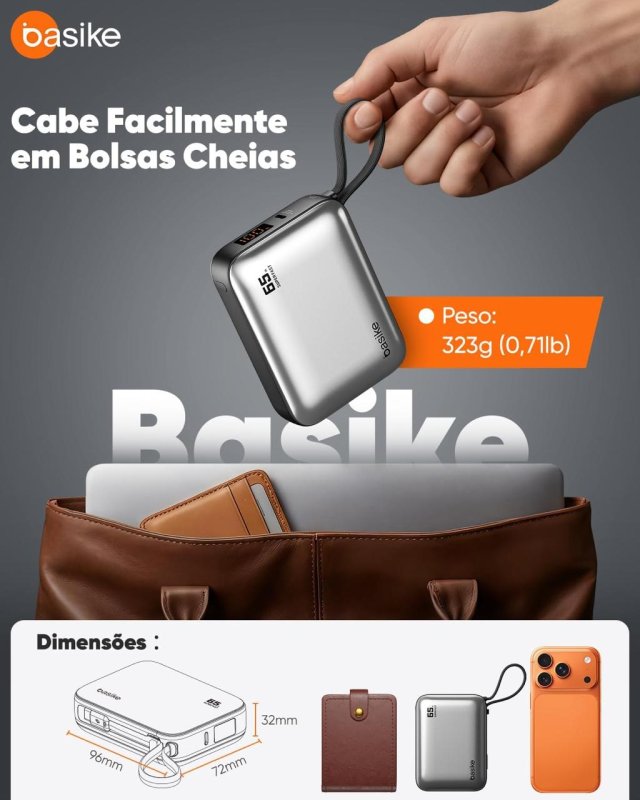 Power Bank Basike 20.000mAh 65W com Cabo USB-C Integrado
