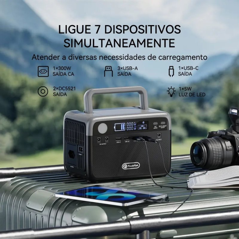 FlashFish 300W – Estação de Energia LiFePO4 com Suporte para Painel Solar e Função UPS