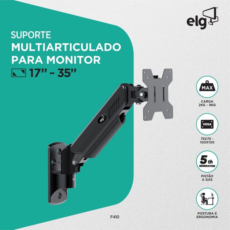 ELG, F410, Suporte Articulado de Parede, Pistão a Gás, Design Ergonômico e Ajustável, Monitores 17'' a 34'', Preto