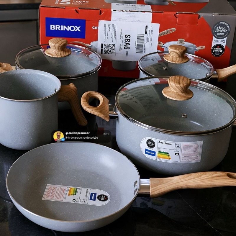 Conjunto Completo: 5 Panelas Brinox Ceramic Life Cinza + Frete Grátis