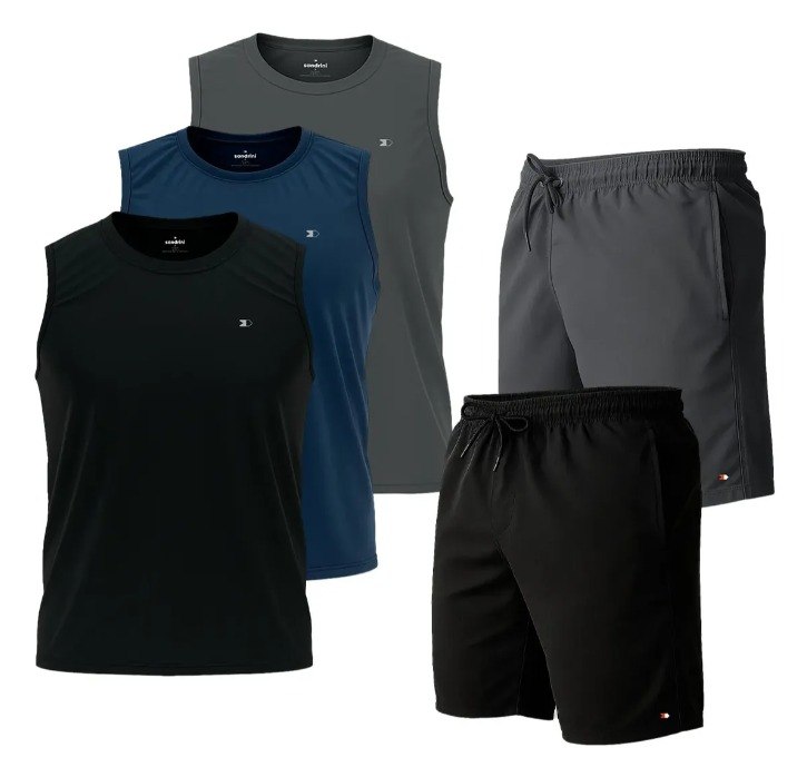 Kit 5 Peças 3 Camisas Regata Dry-fit Sandrini + 2 Shorts Tactel