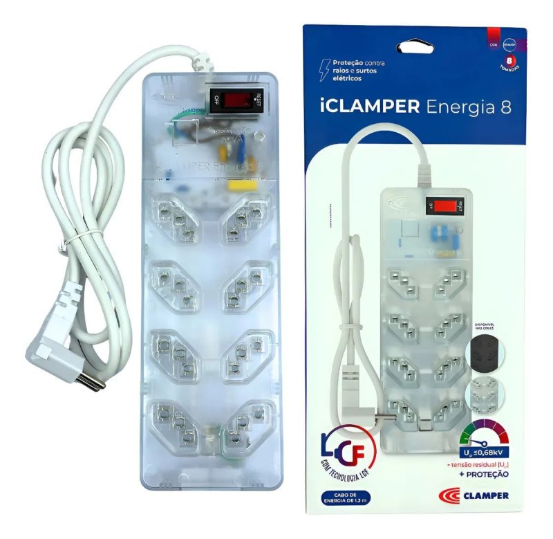 Filtro de Linha Clamper Energia 8 Tomadas Bivolt, com DPS e Proteção LCF Transparente