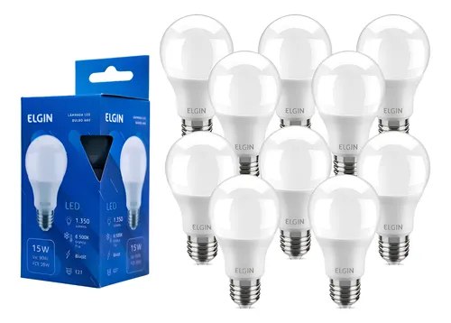 Kit 10 Lâmpadas Bulbo Led 15w A60 Branca 6500k - Elgin 220v Branco-frio