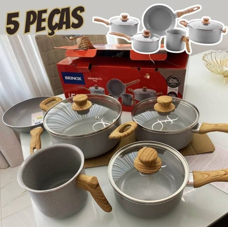 Conjunto Completo: 5 Panelas Brinox Ceramic Life Cinza + Frete Grátis