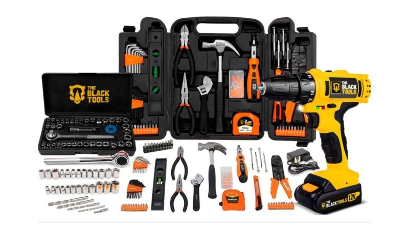Jogo De Ferramentas 169 Peças Com Maleta E Furadeira Parafusadeira Sem Fio Bateria 12v 3/8 10mm Black Tools